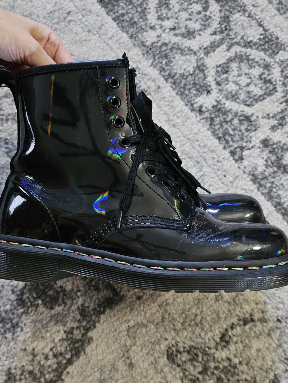 Dr. Martens Black Patent Holographic Combat Boots